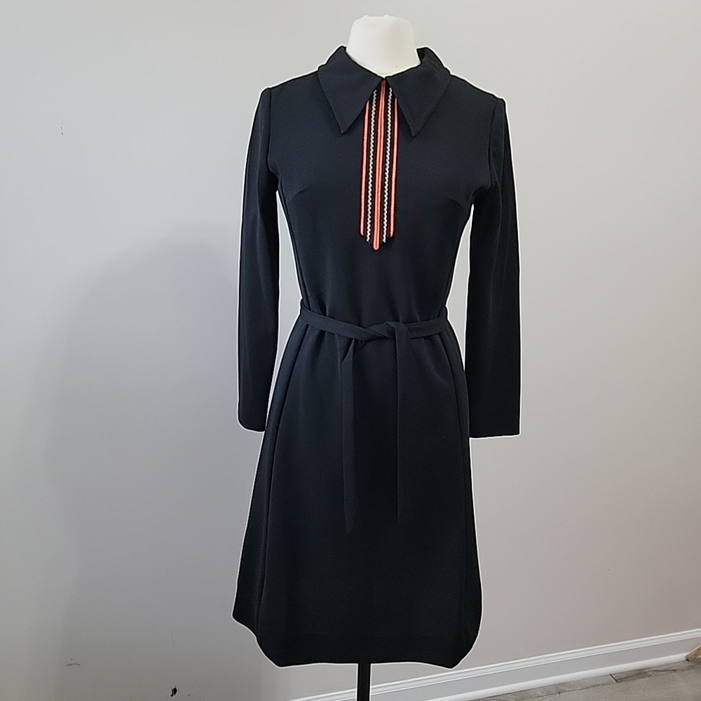 Meg Madison Vintage Belted Swing Dress, 1970s — Black with Collar, Size 8 EUC